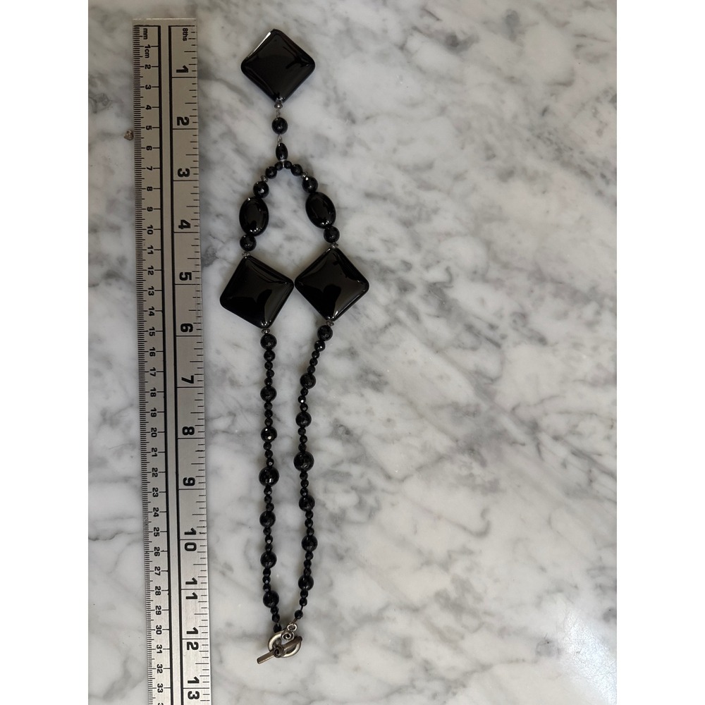 VTG Black Geometric Statement Necklace Square Beaded Toggle Clasp Silver Tone - Picture 5 of 6